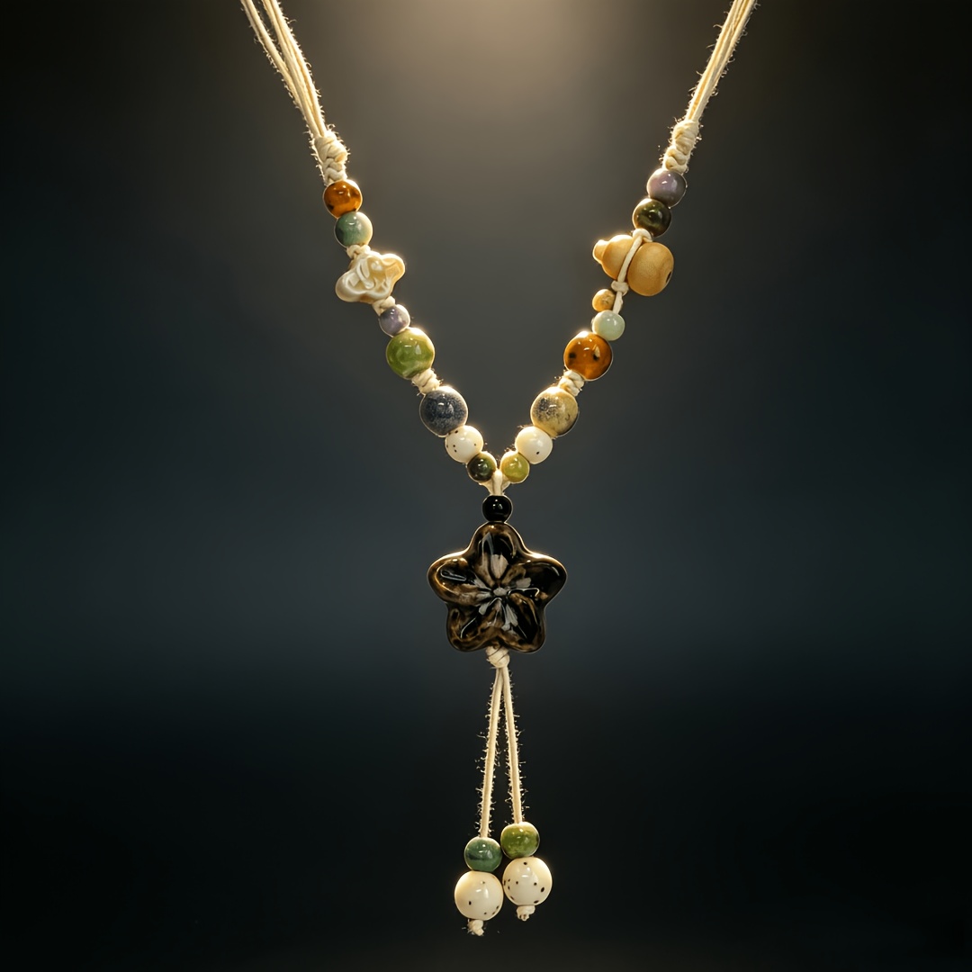 National Style Color-Blocking Beaded Tassel Necklace, Retro Design